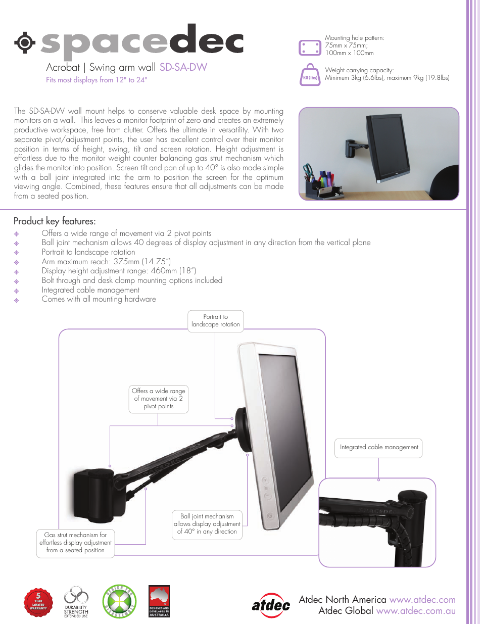Atdec Spacedec SD-SA-DW product brochure User Manual | 2 pages