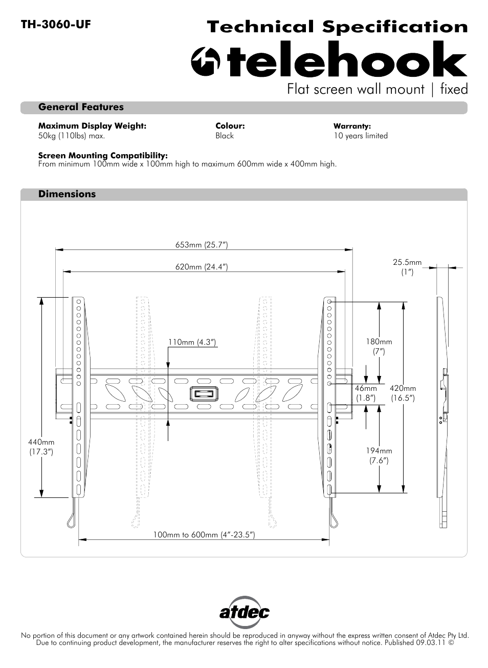Atdec Telehook TH-3060-UF Technical specs User Manual | 1 page