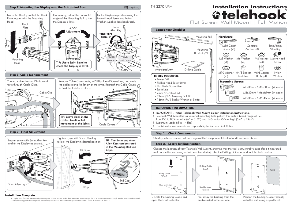 Atdec Telehook TH-3270-UFM Installation manual User Manual | 2 pages