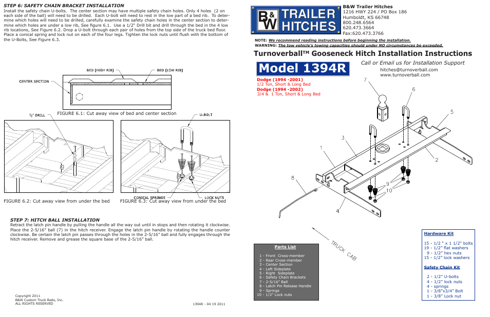B&W Trailer Hitches Turnoverball Model 1394 (Dodge) User Manual | 2 pages