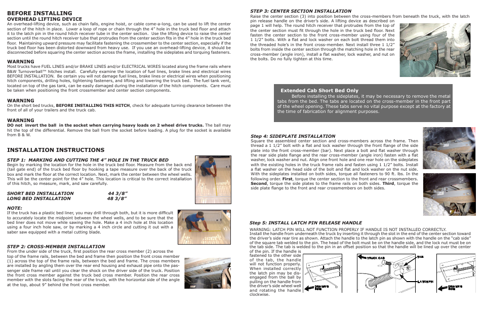 Before installing, Installation instructions | B&W Trailer Hitches Turnoverball Model 1394 (Dodge) User Manual | Page 2 / 2