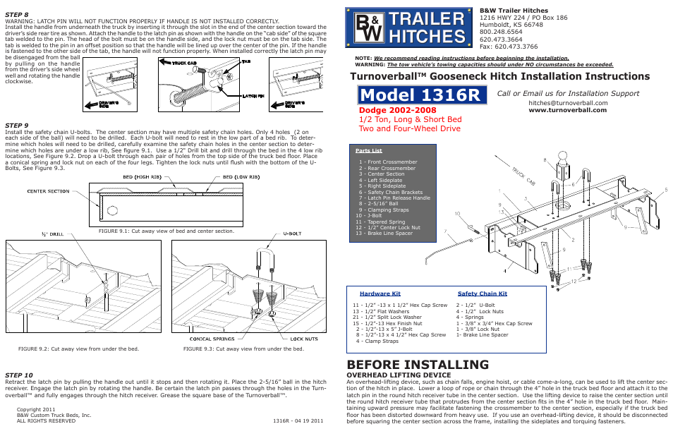 B&W Trailer Hitches Turnoverball Model 1316 (Dodge) User Manual | 2 pages