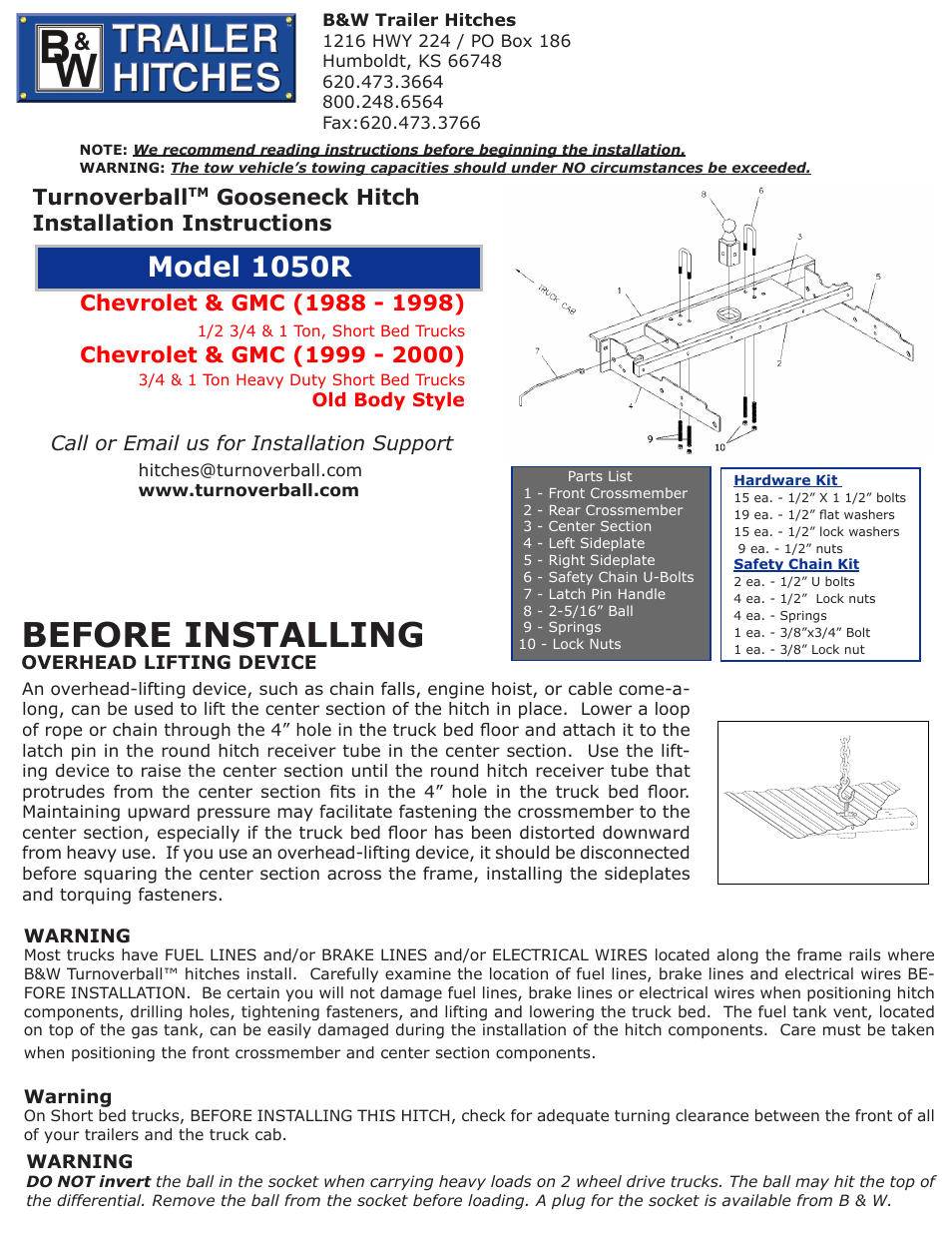 B&W Trailer Hitches Turnoverball Model 1050 (Chevrolet_GMC) User Manual | 2 pages