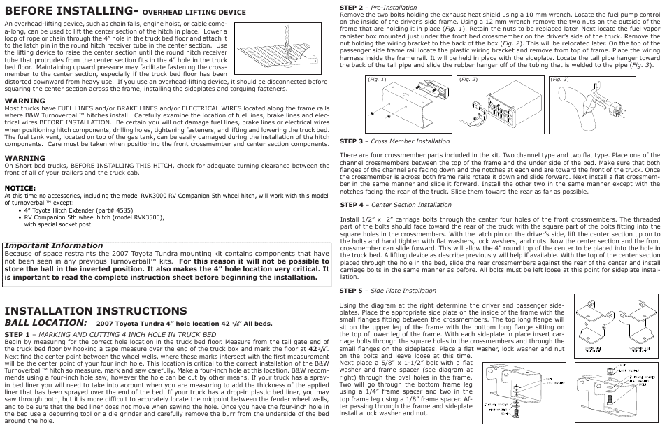 B&W Trailer Hitches Turnoverball Model 1257 (Toyota) User Manual | 2 pages