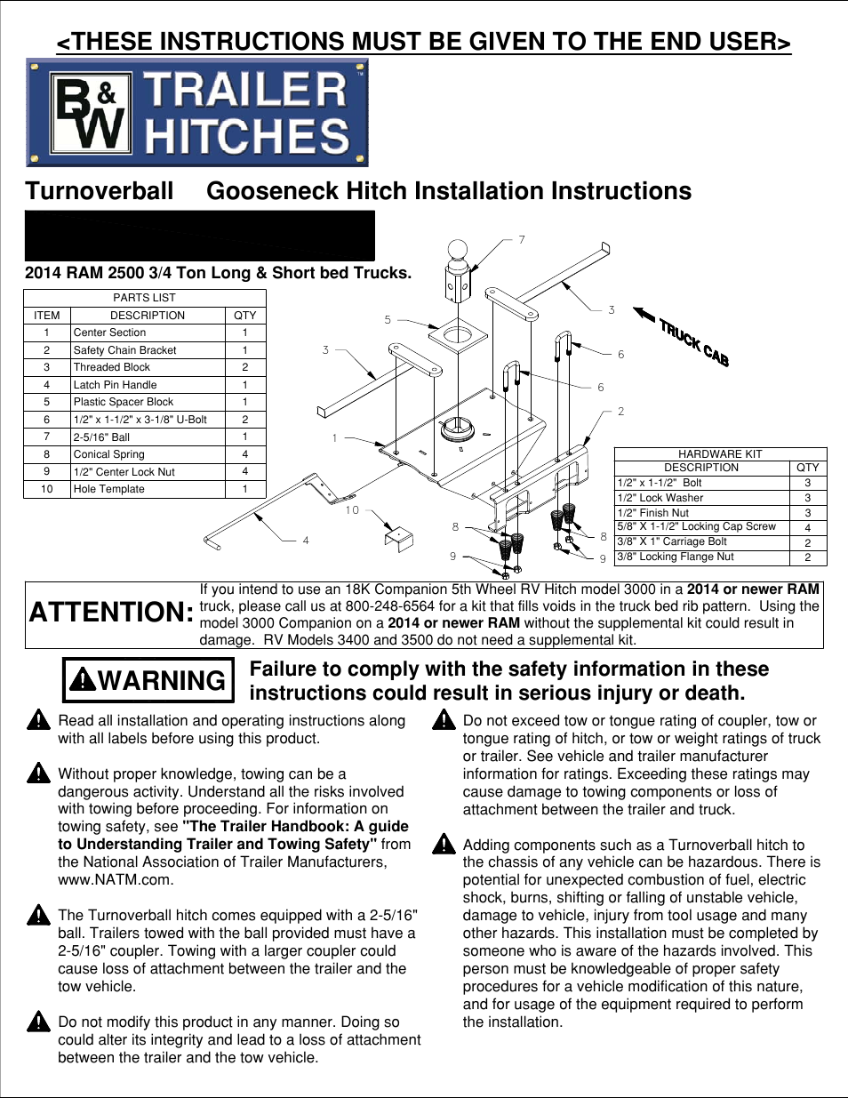 B&W Trailer Hitches Turnoverball Model 1384 (Dodge) User Manual | 5 pages