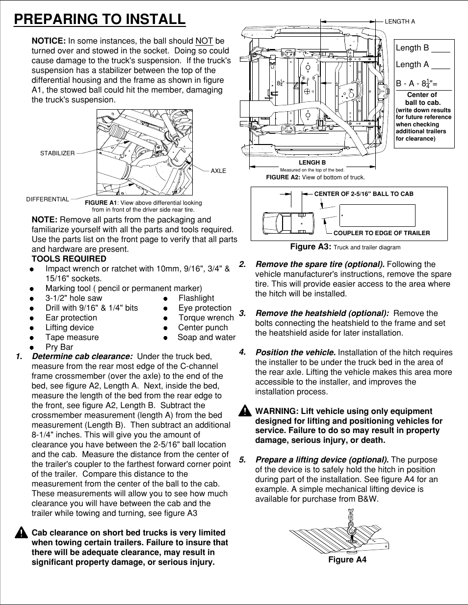 Preparing to install | B&W Trailer Hitches Turnoverball Model 1384 (Dodge) User Manual | Page 2 / 5