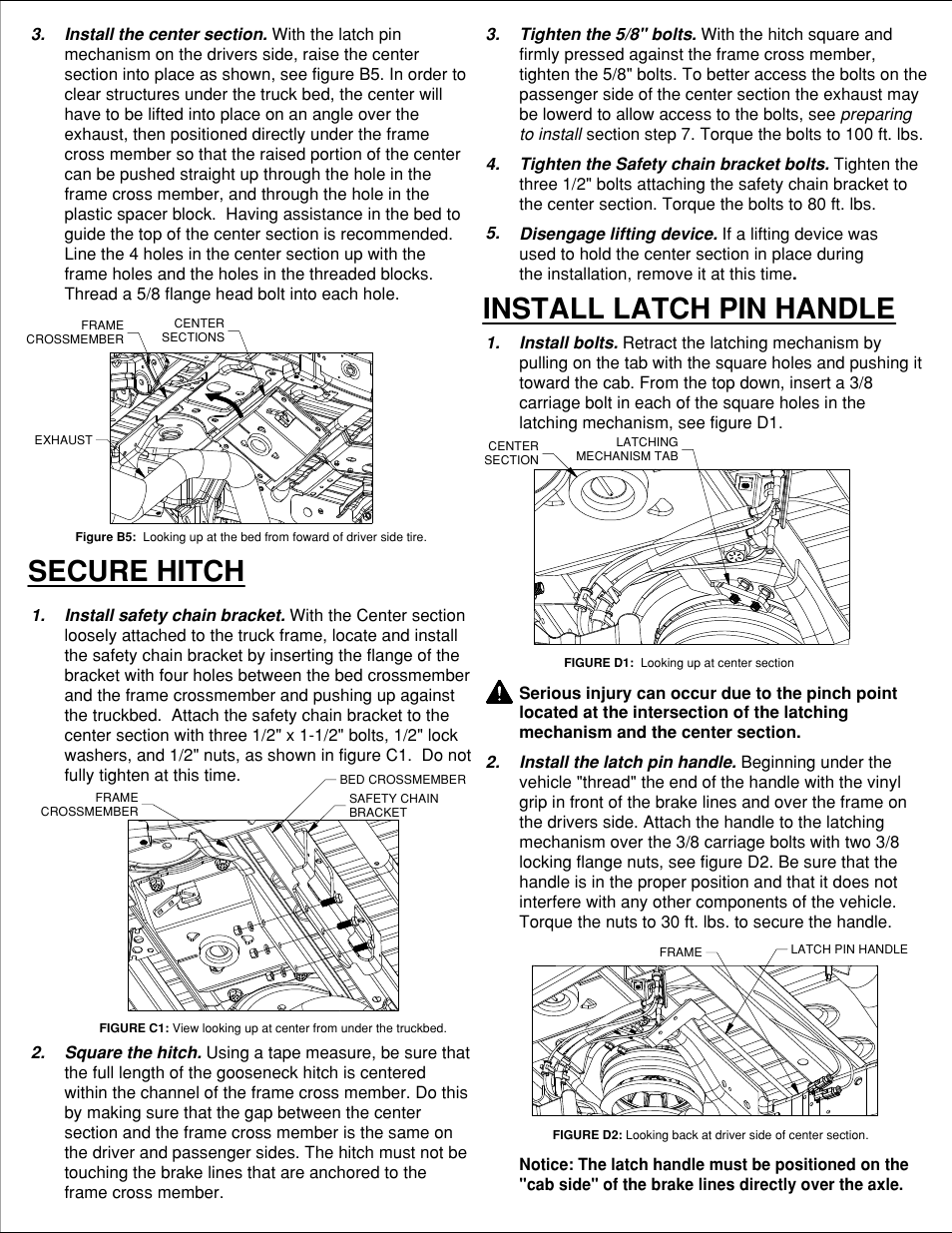 Secure hitch, Install latch pin handle | B&W Trailer Hitches Turnoverball Model 1384 (Dodge) User Manual | Page 4 / 5