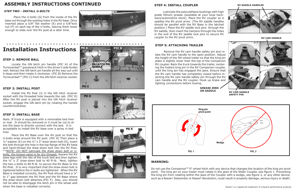 Installation instructions, Assembly instructions continued | B&W Trailer Hitches RVK3000 User Manual | Page 2 / 2