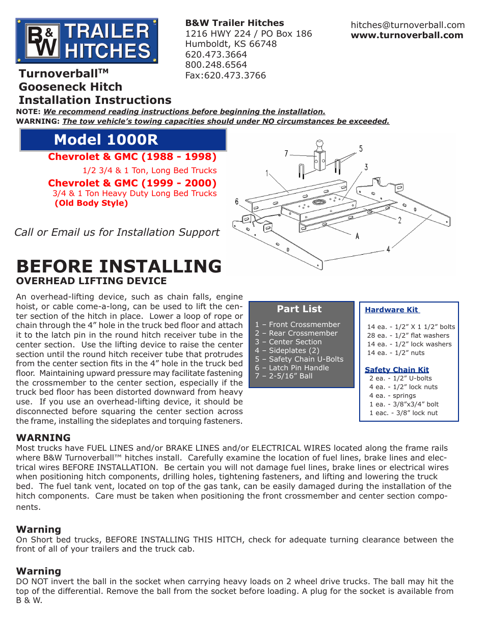 B&W Trailer Hitches Turnoverball Model 1000 (Chevrolet_GMC) User Manual | 2 pages