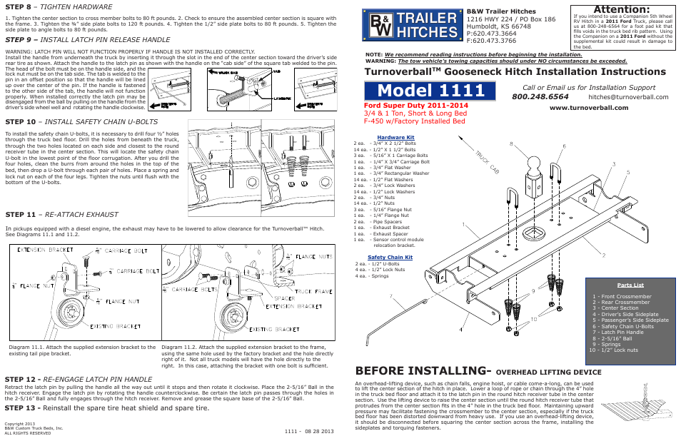 Model 1111, Before installing, Attention | Turnoverball, Gooseneck hitch installation instructions, Call or email us for installation support, Step 12 - re-engage latch pin handle, Step 11 – re-attach exhaust, Step 9 – install latch pin release handle, Overhead lifting device | B&W Trailer Hitches Turnoverball Model 1111 (Ford) User Manual | Page 2 / 2