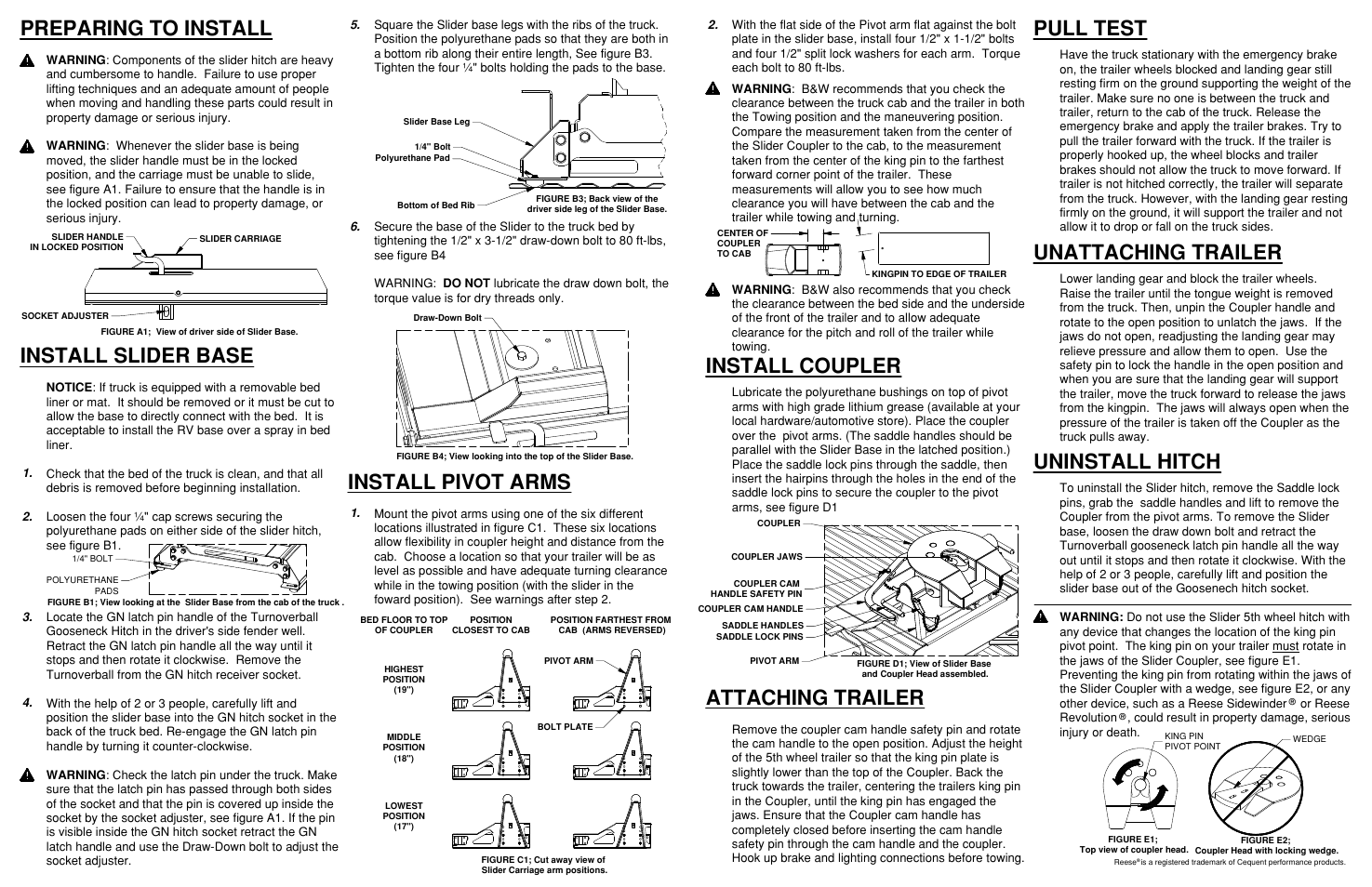 Preparing to install, Install slider base, Install pivot arms | Install coupler, Attaching trailer, Pull test, Unattaching trailer, Uninstall hitch | B&W Trailer Hitches Companion Slider Model 3400 User Manual | Page 2 / 2