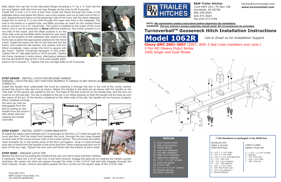B&W Trailer Hitches Turnoverball Model 1062 (Chevrolet_GMC) User Manual | 2 pages