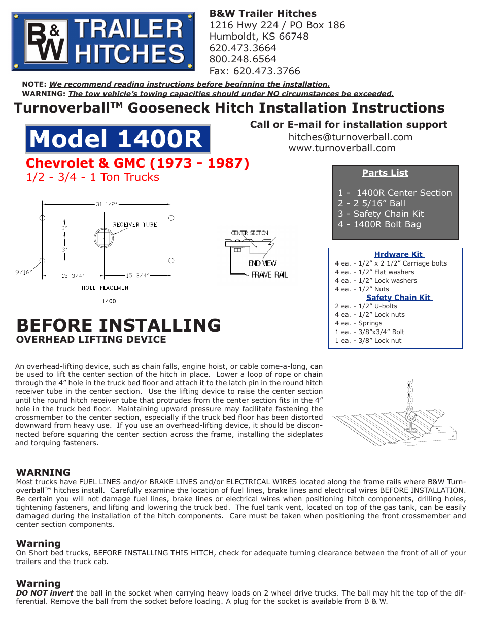 B&W Trailer Hitches Turnoverball Model 1400 (Chevrolet_GMC) User Manual | 2 pages