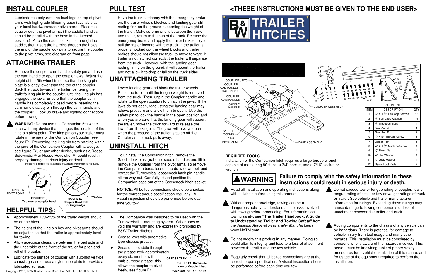 B&W Trailer Hitches Companion Model 3500 User Manual | 2 pages
