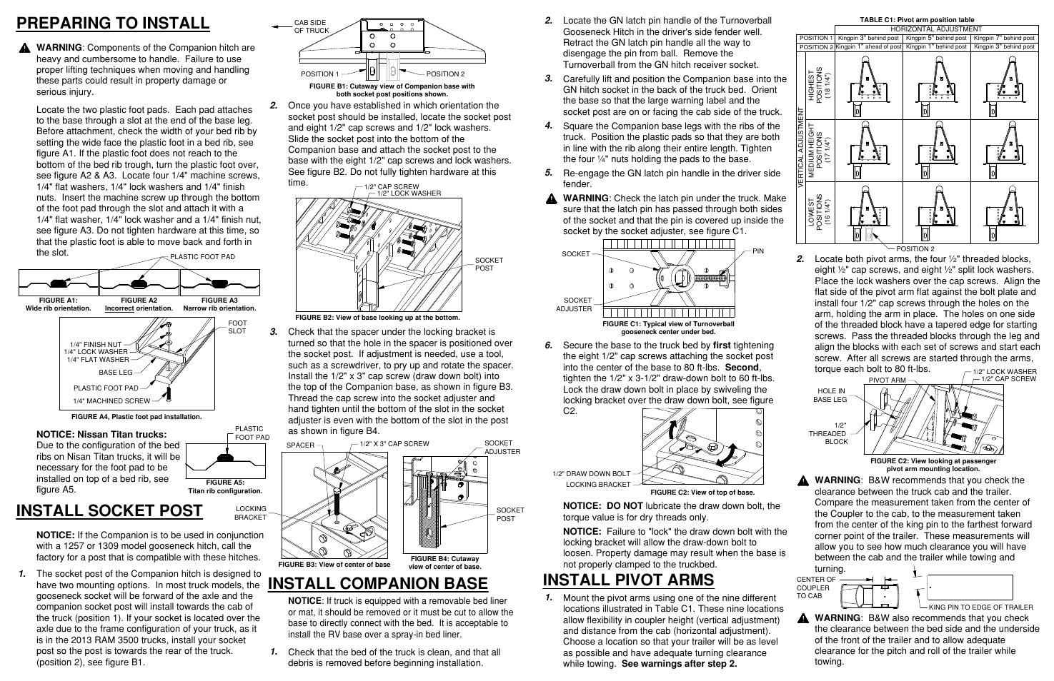 Preparing to install, Install socket post, Install companion base | Install pivot arms | B&W Trailer Hitches Companion Model 3500 User Manual | Page 2 / 2