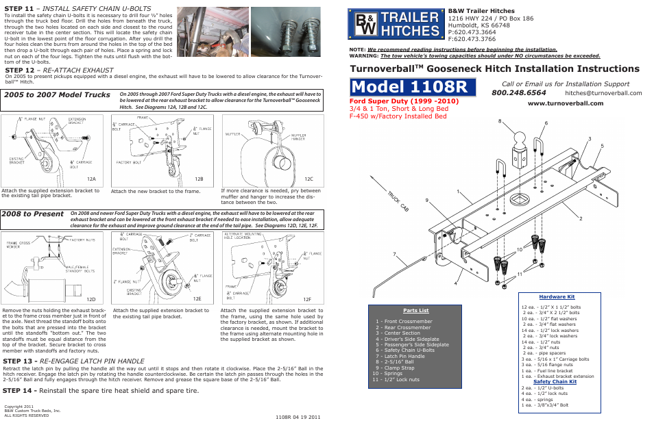 Model 1108r, Turnoverball, Gooseneck hitch installation instructions | B&W Trailer Hitches Turnoverball Model 1108 (Ford) User Manual | Page 2 / 2