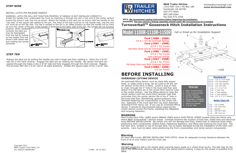 B&W Trailer Hitches Turnoverball Model 1150 (Ford) User Manual | 2 pages