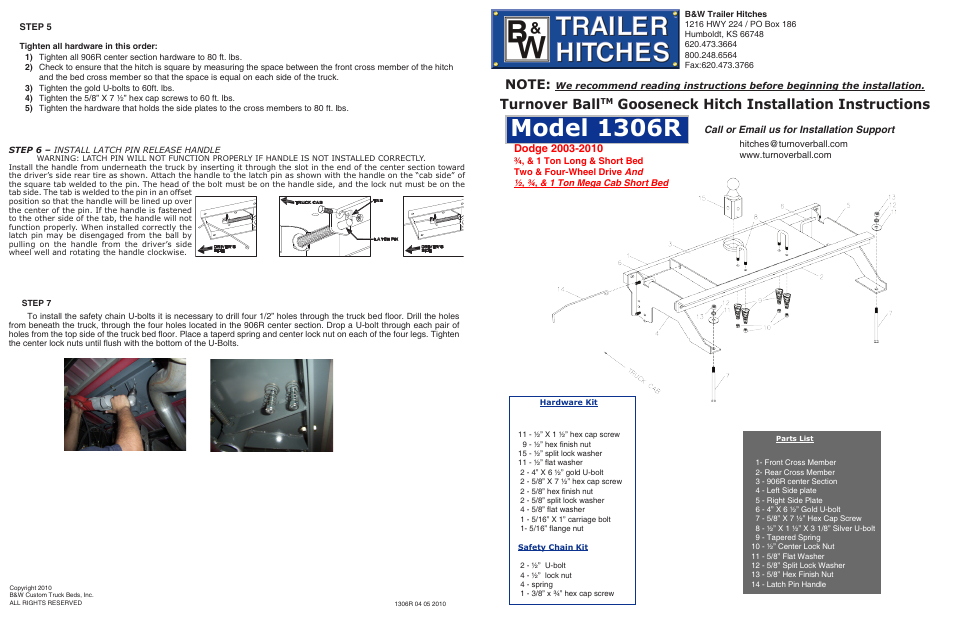 B&W Trailer Hitches Turnoverball Model 1306 (Dodge) User Manual | 2 pages