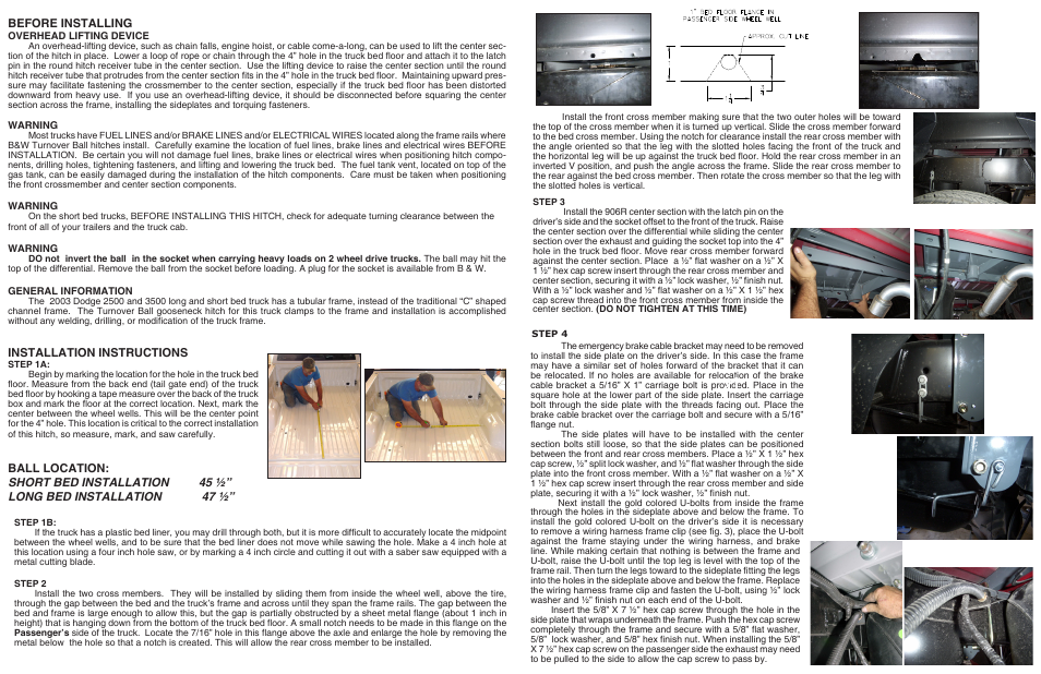Before installing, Installation instructions | B&W Trailer Hitches Turnoverball Model 1306 (Dodge) User Manual | Page 2 / 2