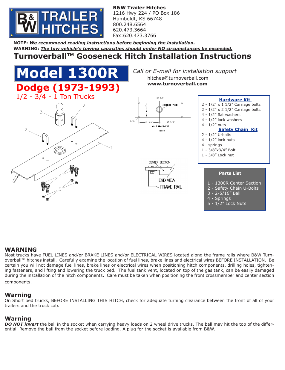 B&W Trailer Hitches Turnoverball Model 1300 (Dodge) User Manual | 2 pages