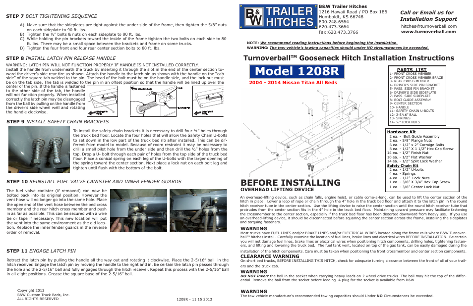 B&W Trailer Hitches Turnoverball Model 1208 (Nissan) User Manual | 2 pages