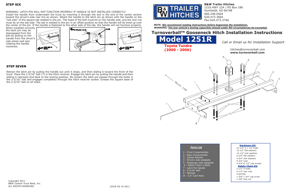 B&W Trailer Hitches Turnoverball Model 1251 (Toyota) User Manual | 2 pages