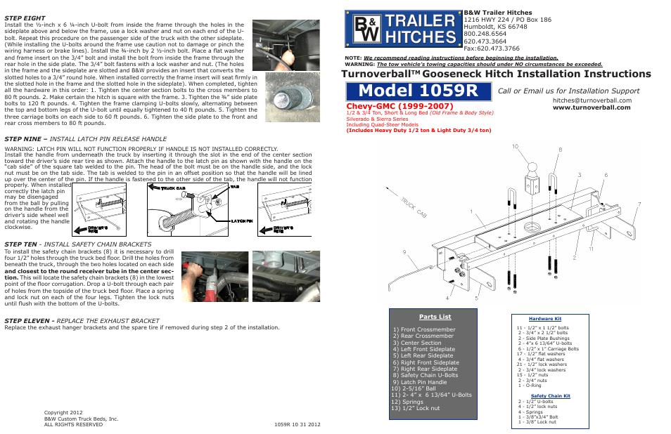 B&W Trailer Hitches Turnoverball Model 1059 (Chevrolet_GMC) User Manual | 2 pages