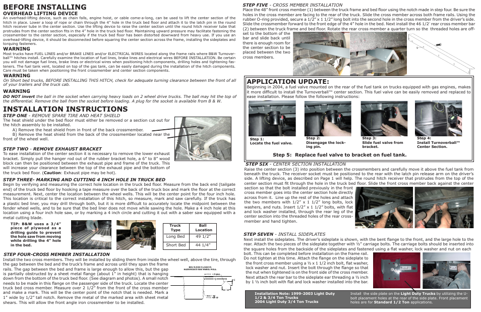 Before installing, Installation instructions, Application update | B&W Trailer Hitches Turnoverball Model 1059 (Chevrolet_GMC) User Manual | Page 2 / 2