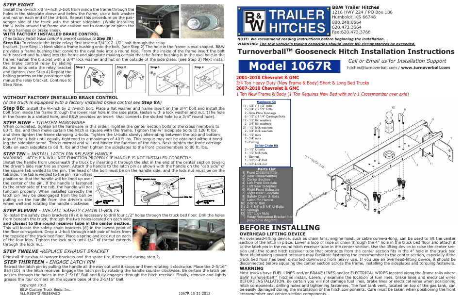 B&W Trailer Hitches Turnoverball Model 1067 (Chevrolet_GMC) User Manual | 2 pages