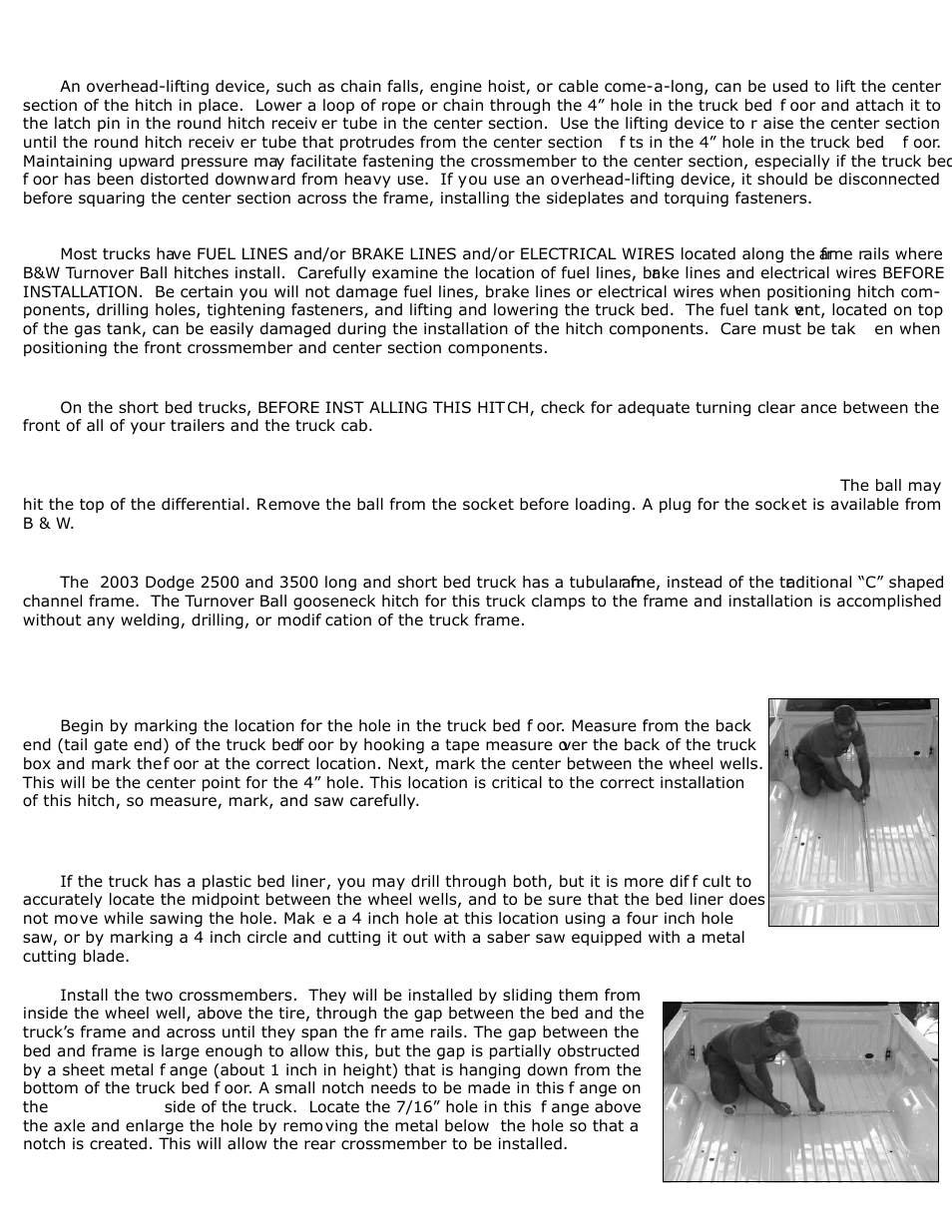 Before installing, Installation instructions | B&W Trailer Hitches Turnoverball Model 1303 (Dodge) User Manual | Page 2 / 4