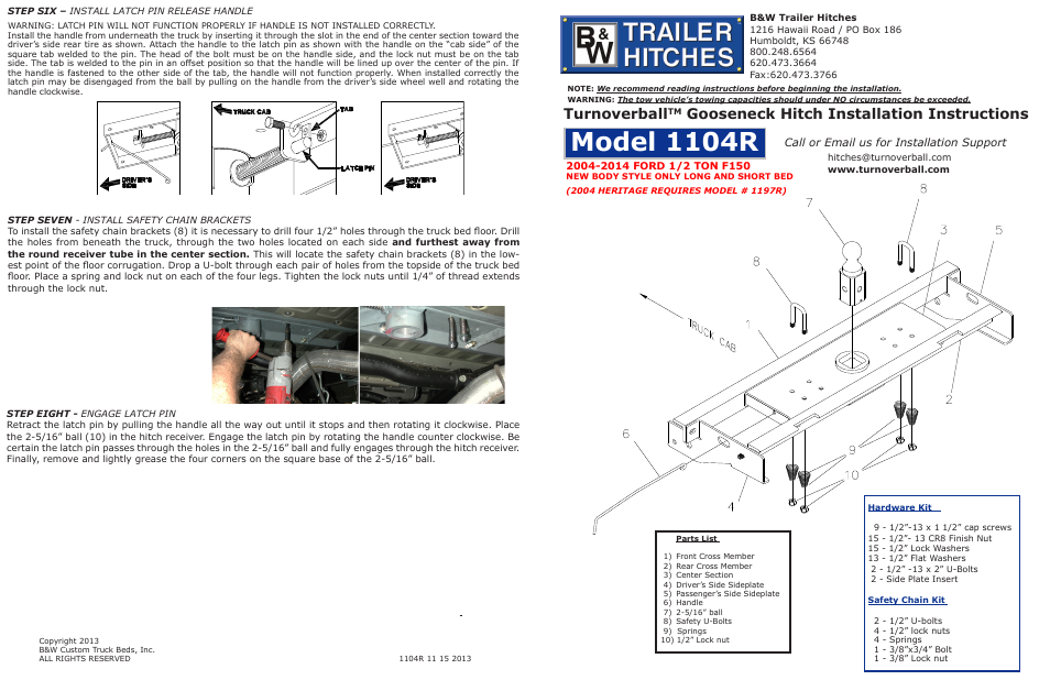 B&W Trailer Hitches Turnoverball Model 1104 (Ford) User Manual | 2 pages
