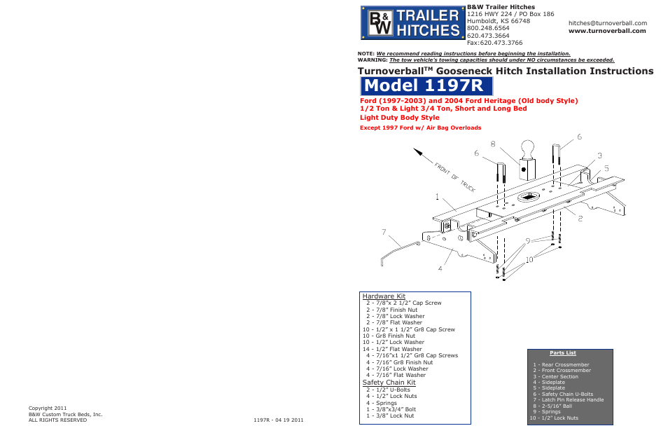 B&W Trailer Hitches Turnoverball Model 1197 (Ford) User Manual | 2 pages