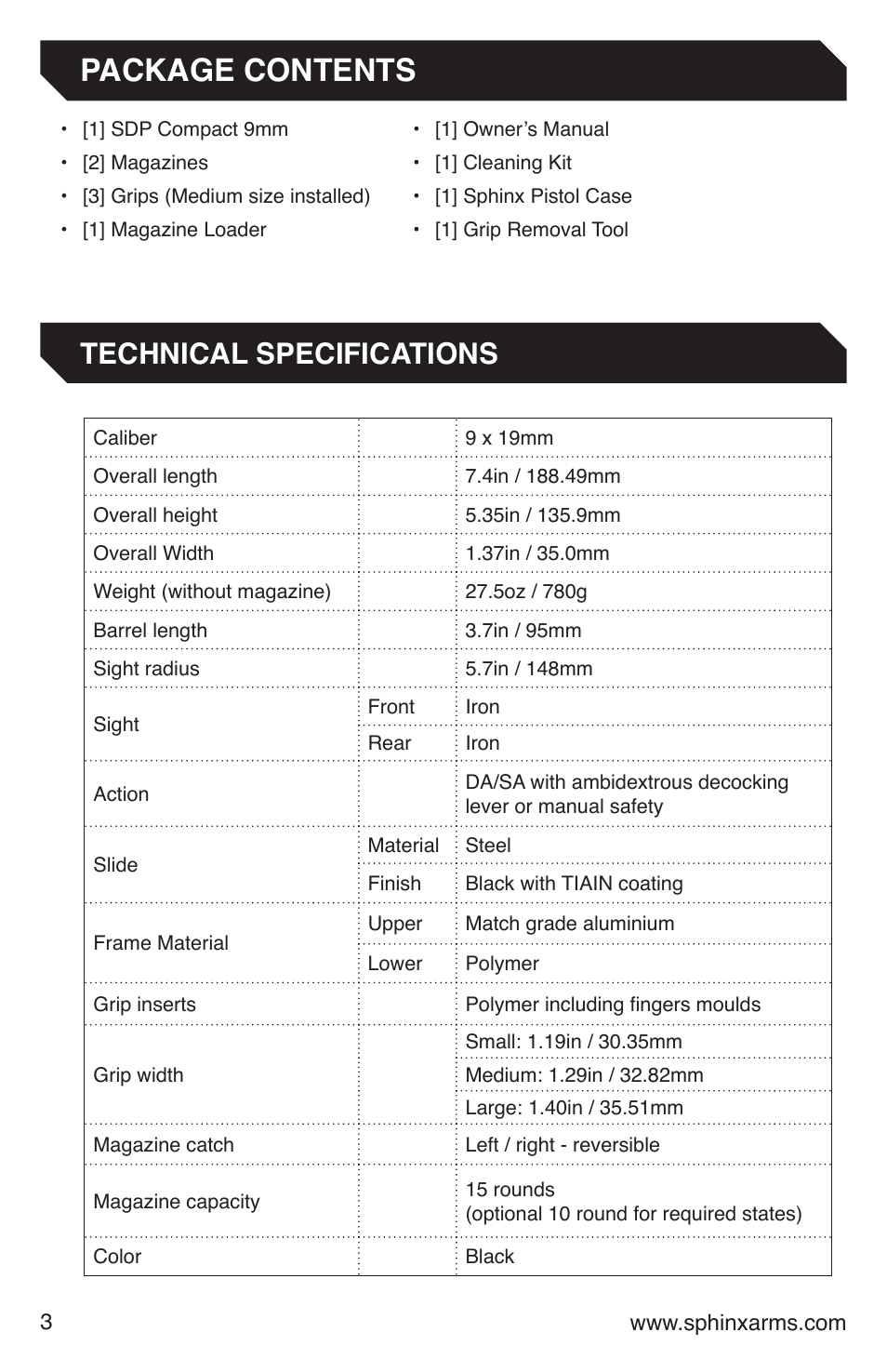 Package contents, Technical specifications | Grainsystems STANDARD ALPHA 9MM DA-SA Manual User Manual | Page 4 / 28