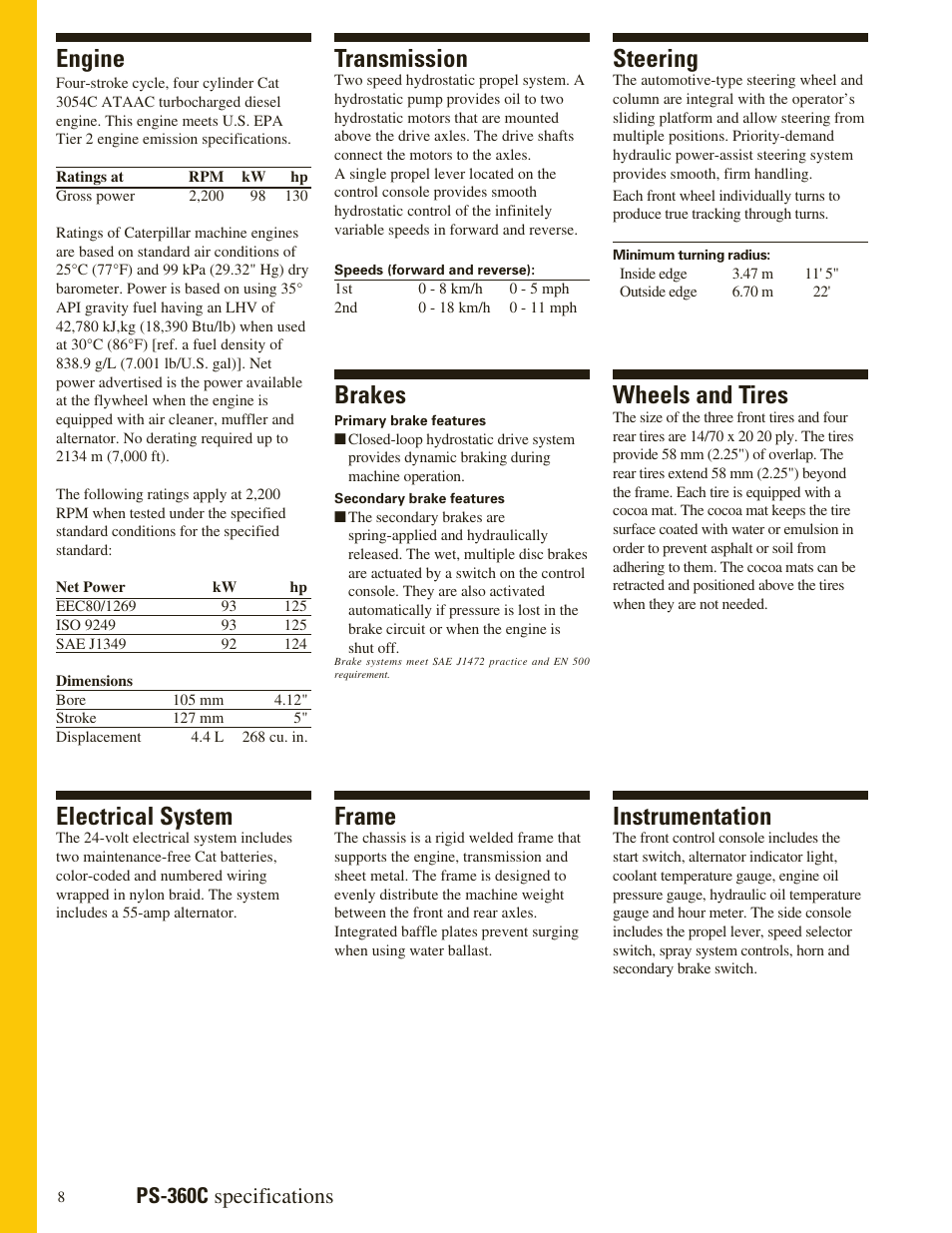 Ps-360c specifications, Engine, Wheels and tires | Brakes, Steering, Transmission, Frame, Instrumentation, Electrical system | Milton CAT PS360C User Manual | Page 8 / 12