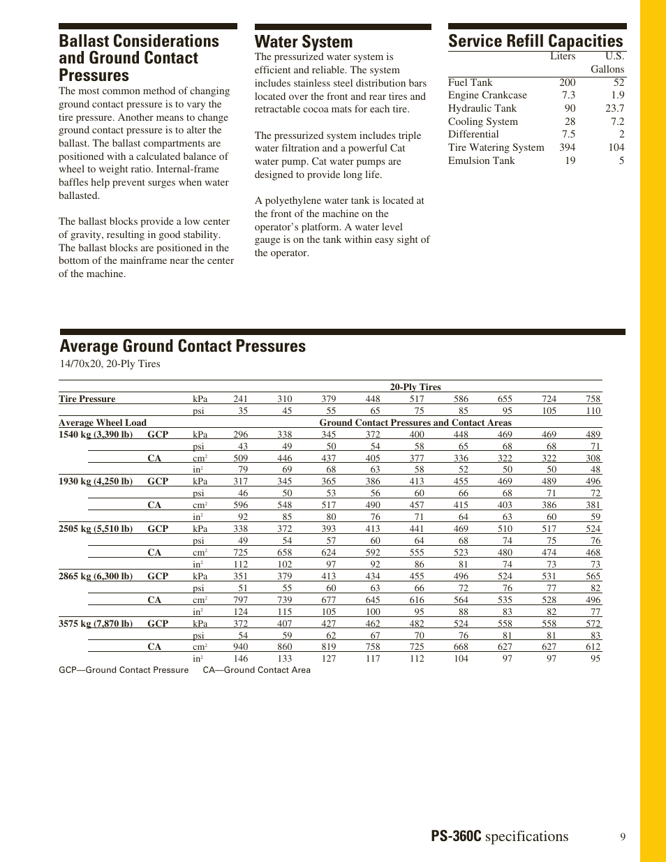 Service refill capacities, Average ground contact pressures, Water system | Ps-360c specifications | Milton CAT PS360C User Manual | Page 9 / 12