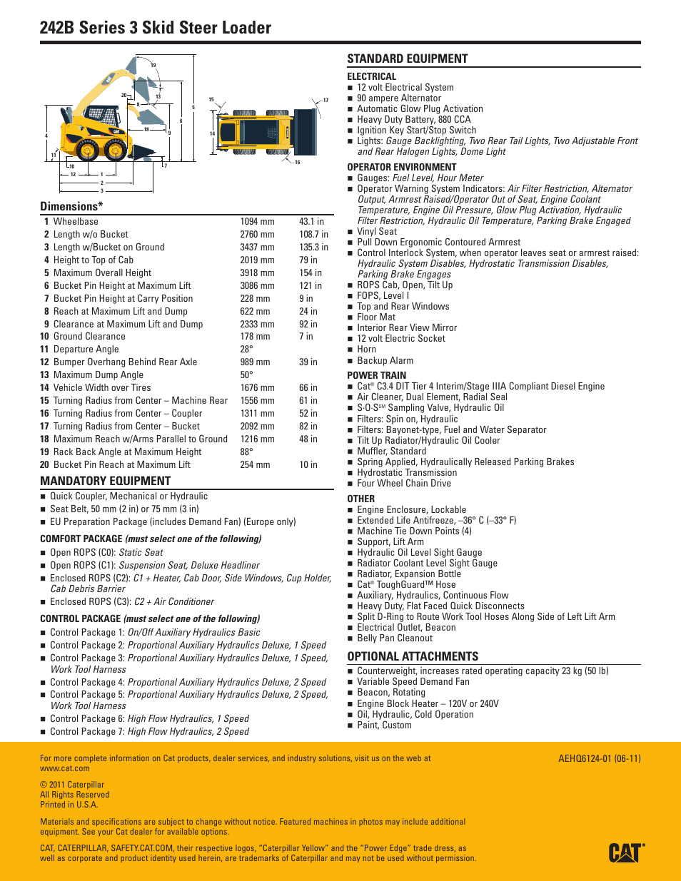 Dimensions, Mandatory equipment, Comfort package | Control package, Standard equipment, Electrical, Operator environment, Power train, Other, Optional attachments | Milton CAT 242B Series 3 User Manual | Page 2 / 2