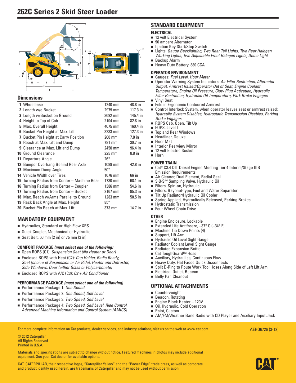 Dimensions, Mandatory equipment, Standard equipment | Optional attachments, 262c series 2 skid steer loader | Milton CAT 262C Series 2 User Manual | Page 2 / 2