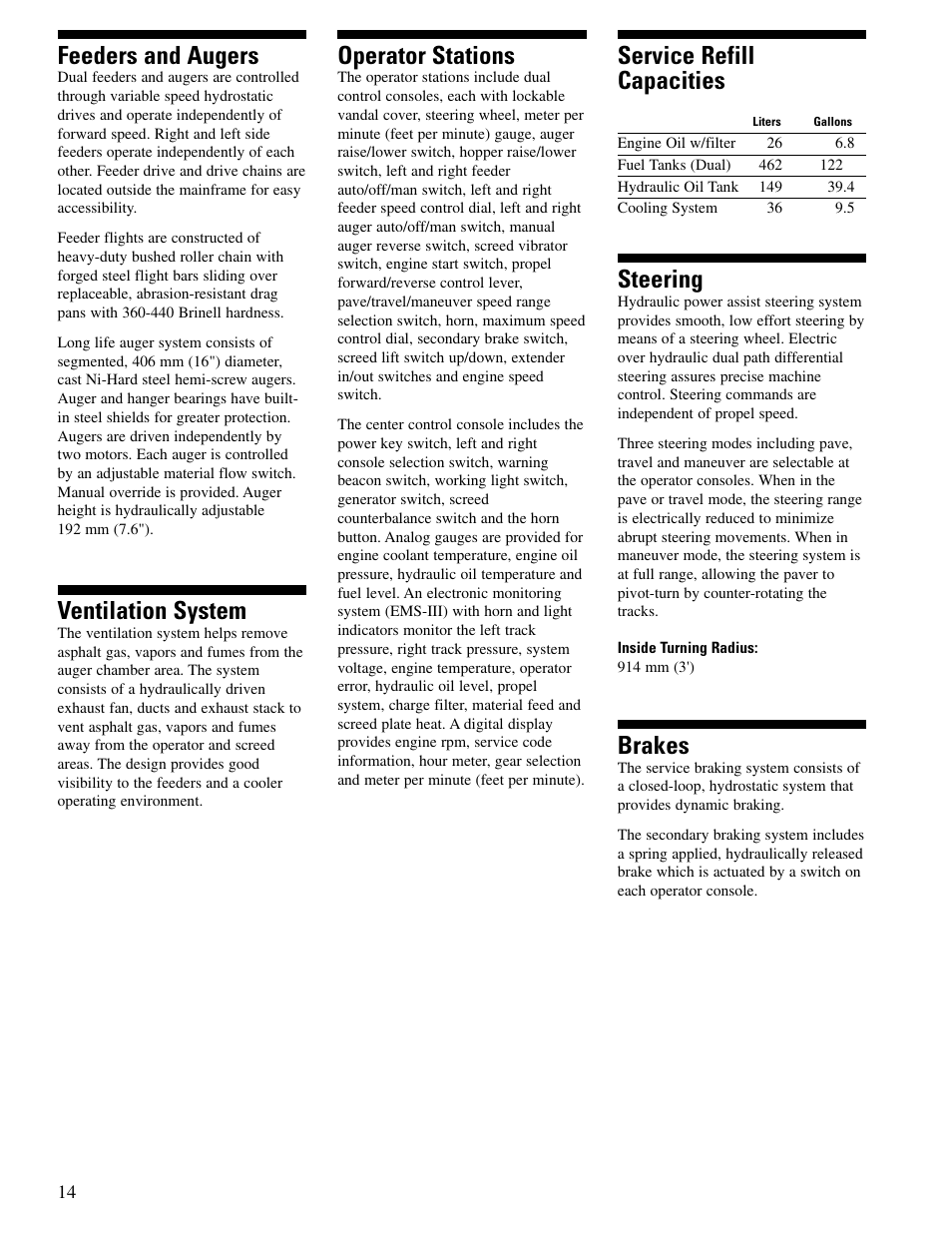 Feeders and augers, Ventilation system, Operator stations | Service refill capacities, Steering, Brakes | Milton CAT AP1055D User Manual | Page 14 / 16