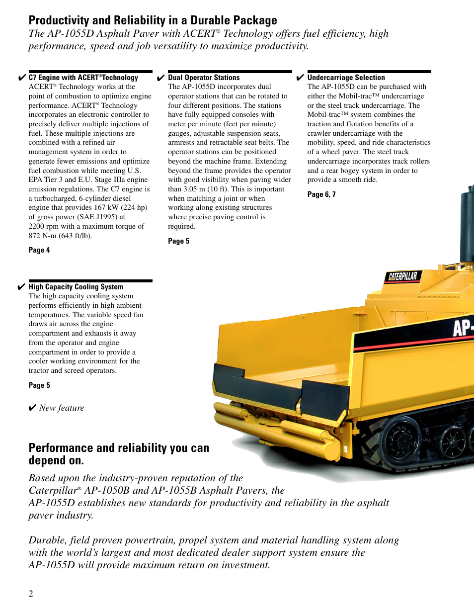 Features, Performance and reliability you can depend on, Productivity and reliability in a durable package | The ap-1055d asphalt paver with acert | Milton CAT AP1055D User Manual | Page 2 / 16