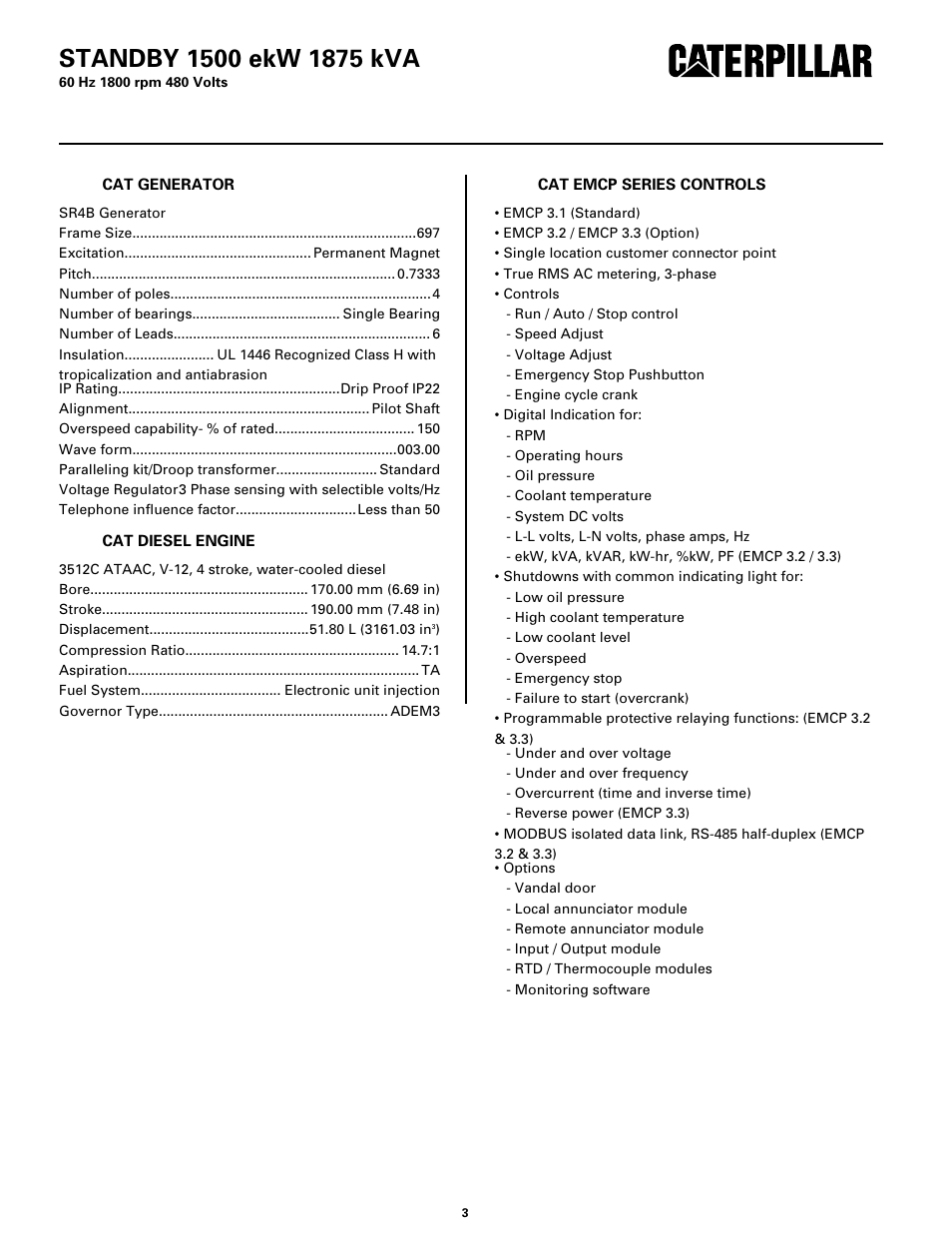 Specifications | Milton CAT 3512C 1500 kW 1875 kVA 60 Hz 1800 rpm 480 Volts Spec Sheet User Manual | Page 3 / 6