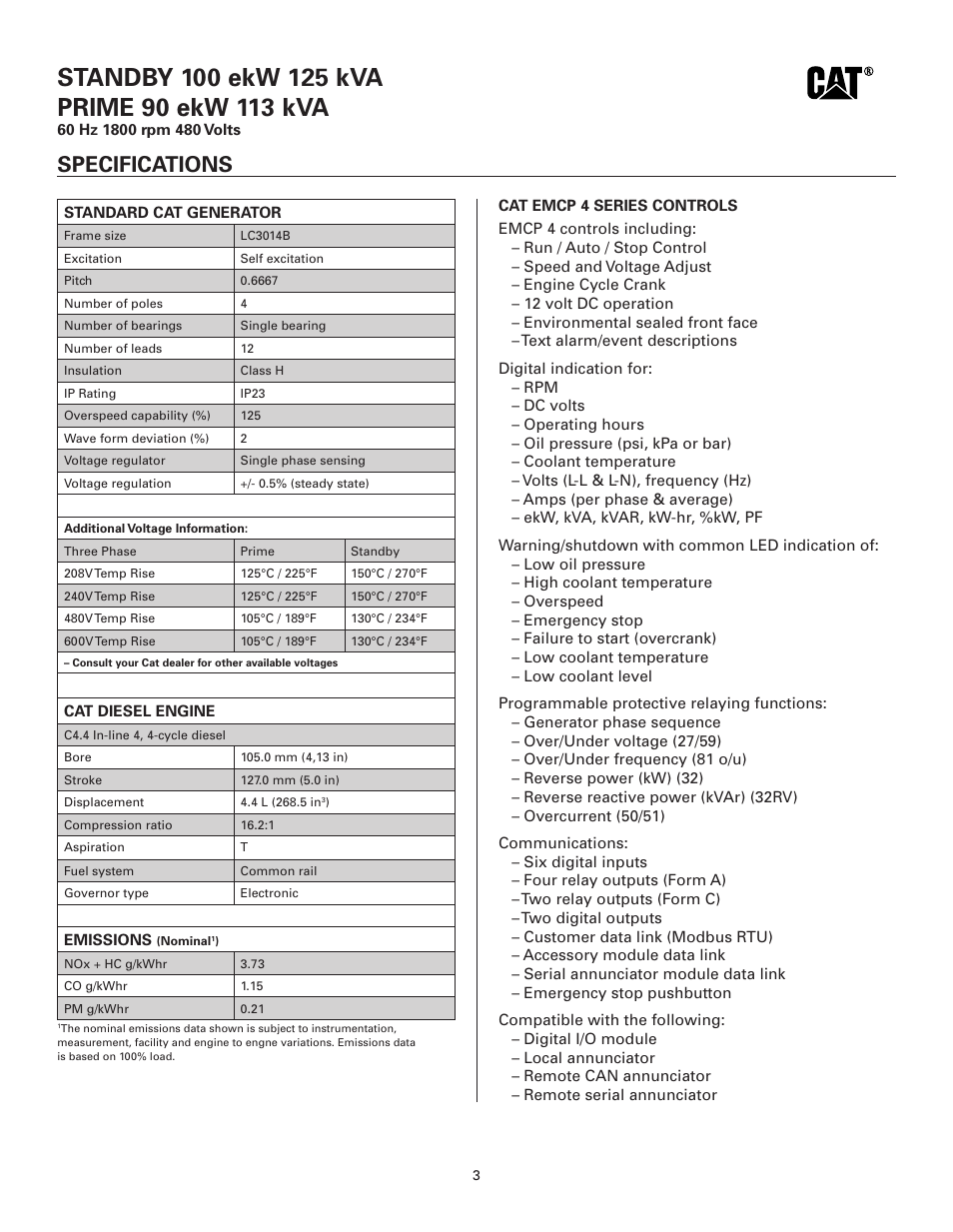 Specifications | Milton CAT D100-6 100kW Spec Sheet User Manual | Page 3 / 6
