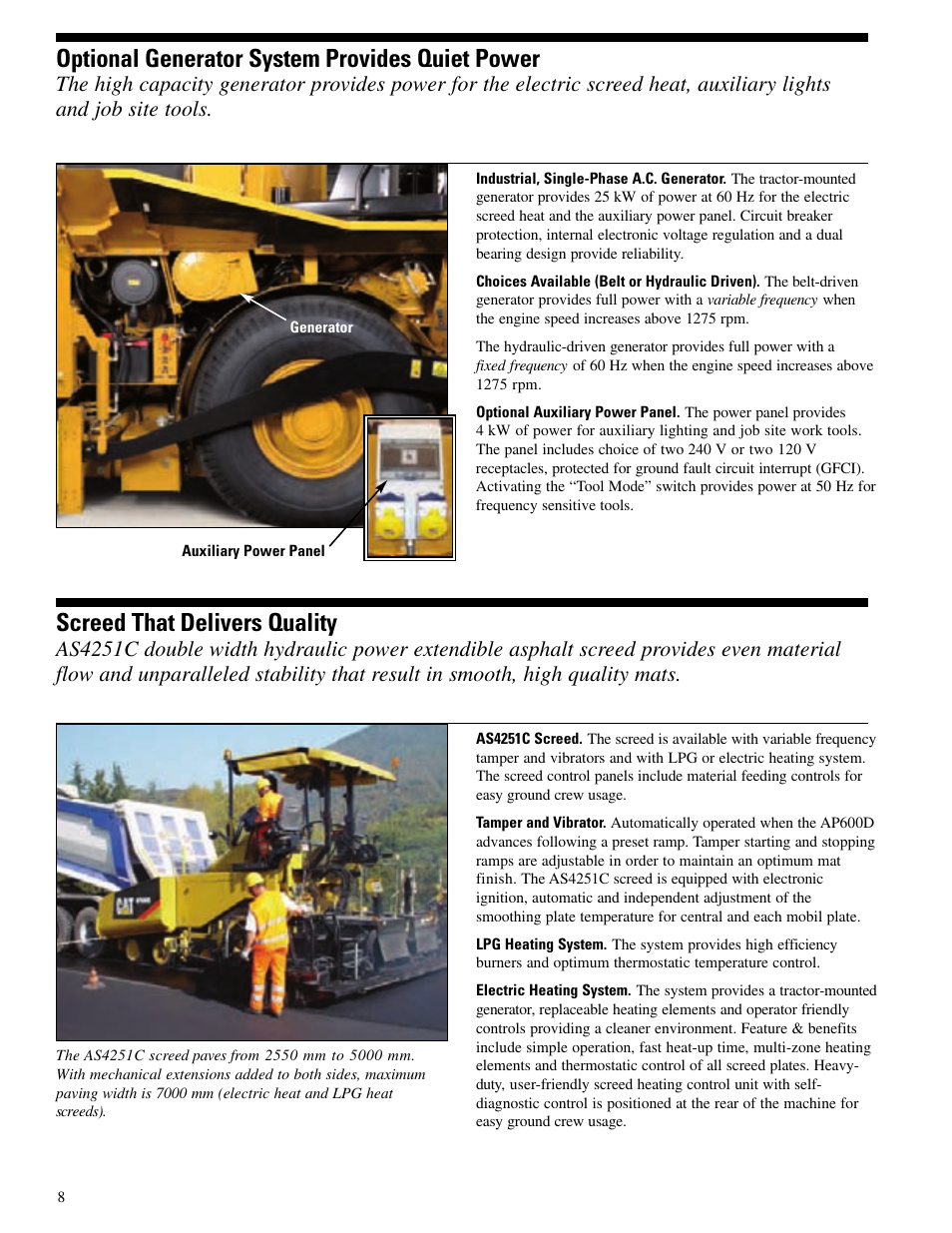 Optional generator system provides quiet power, Screed that delivers quality | Milton CAT AP600D User Manual | Page 8 / 12