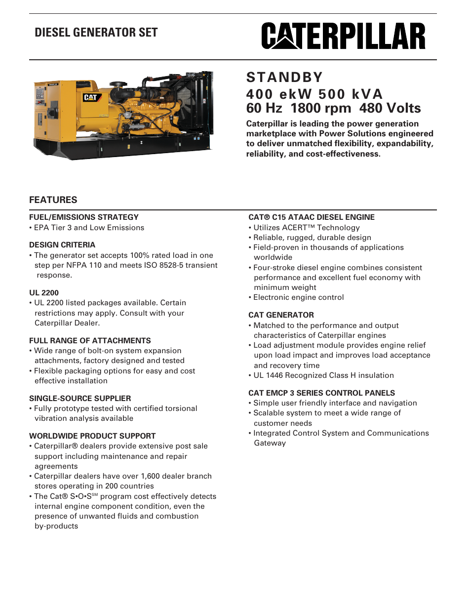 Milton CAT C15 400 ekW 500 kVA 60 Hz 1800 rpm 480 Volts Spec Sheet User Manual | 6 pages