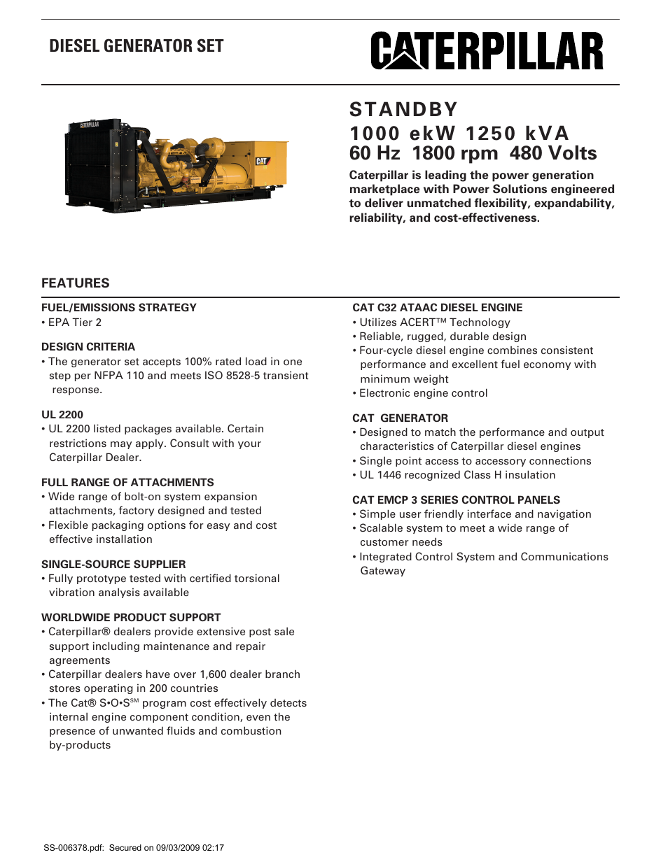 Milton CAT C32 1000 kW 1250 kVA 60 Hz 1800 rpm 480 Volts Spec Sheet User Manual | 6 pages