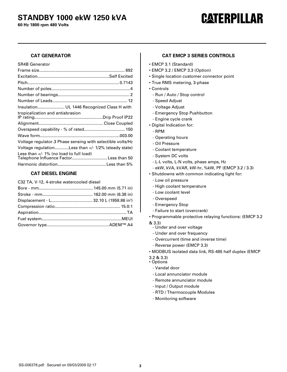 Specifications | Milton CAT C32 1000 kW 1250 kVA 60 Hz 1800 rpm 480 Volts Spec Sheet User Manual | Page 3 / 6