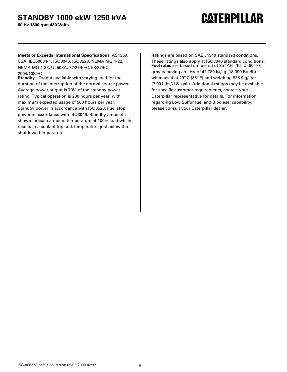 Rating definitions and conditions | Milton CAT C32 1000 kW 1250 kVA 60 Hz 1800 rpm 480 Volts Spec Sheet User Manual | Page 5 / 6