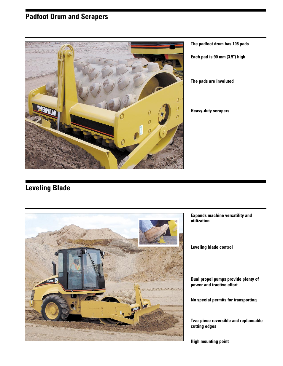 Padfoot drum and scrapers, Leveling blade | Milton CAT CS-423E User Manual | Page 9 / 16