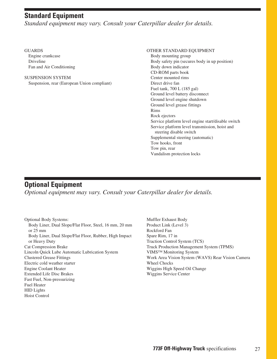 Standard equipment, Optional equipment | Milton CAT 773F User Manual | Page 27 / 28