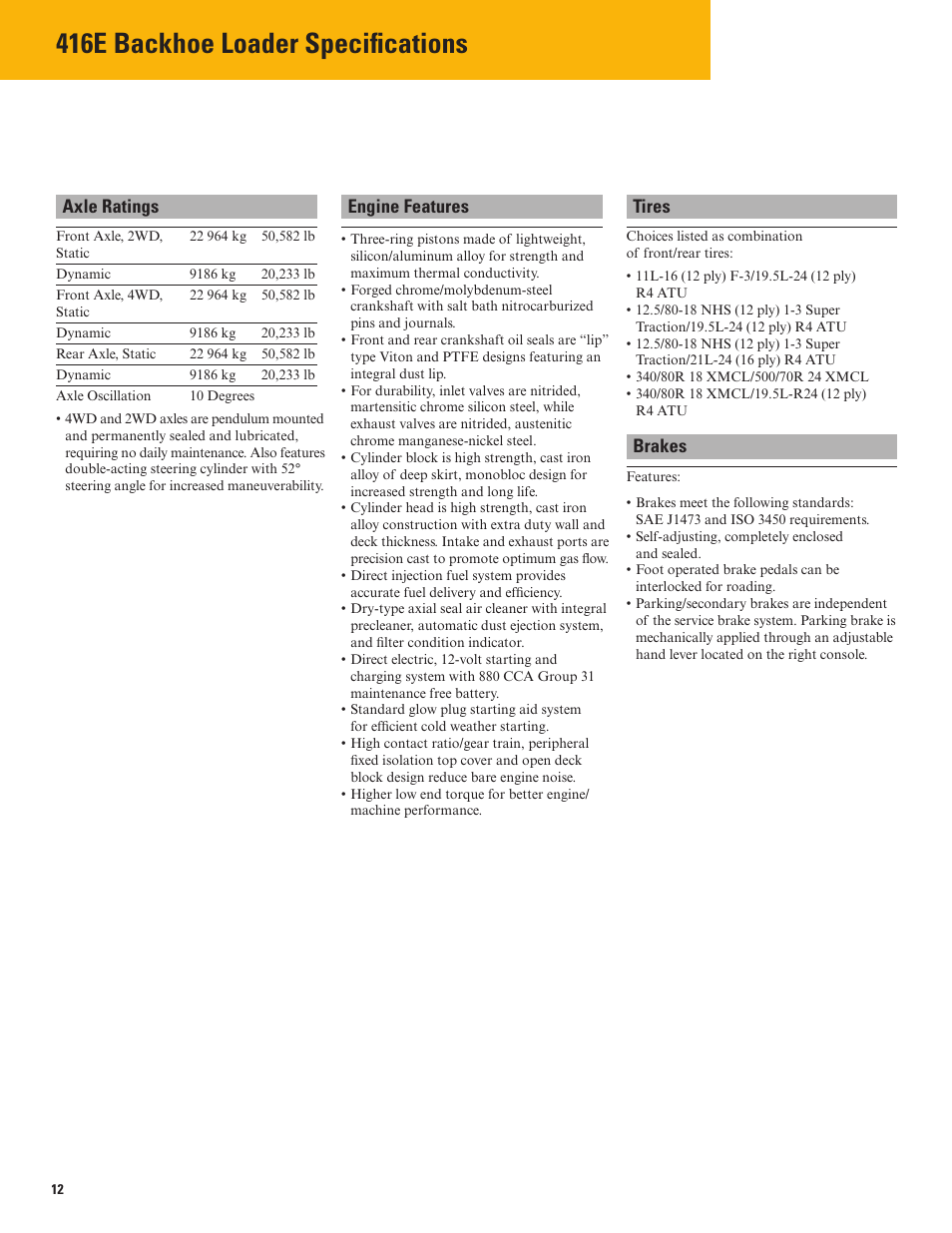 416e backhoe loader specifications, Axle ratings, Engine features | Tires, Brakes | Milton CAT 416E User Manual | Page 12 / 20