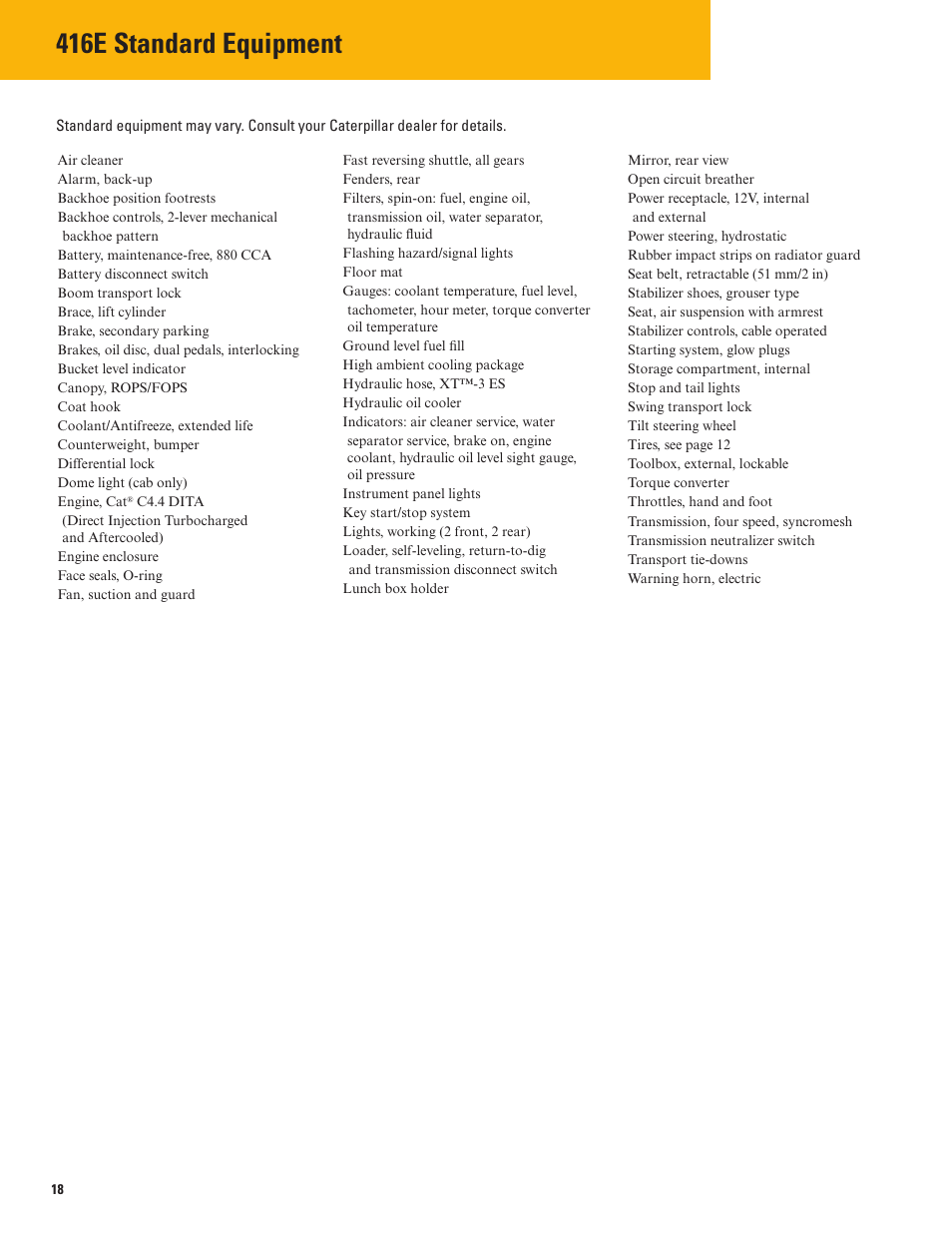 416e standard equipment | Milton CAT 416E User Manual | Page 18 / 20